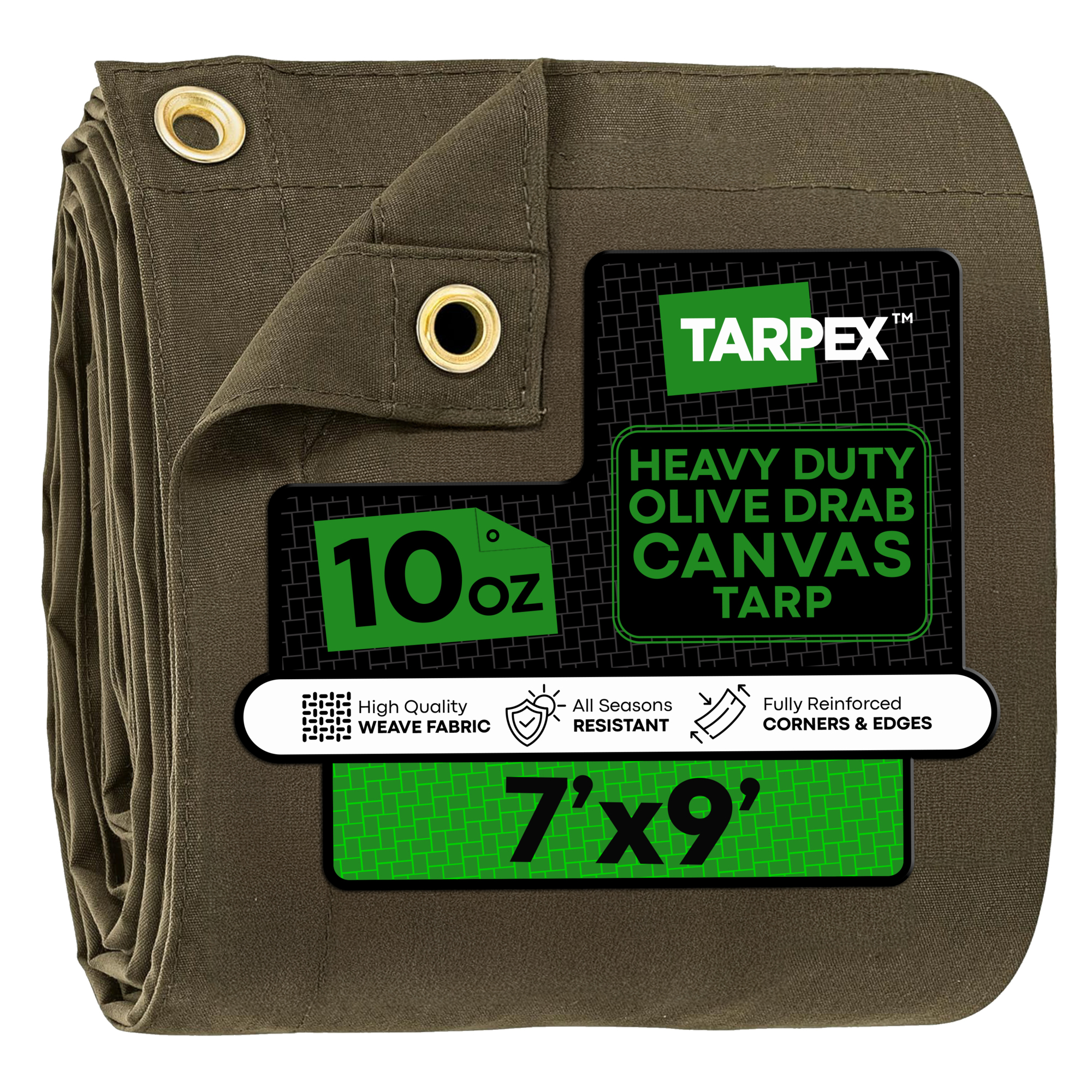 Tarpex 7' x 9' Olive Drab 10 oz. Canvas Tarp – Heavy-Duty, Water Resistant, with Brass Grommets